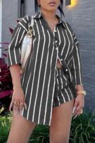 Dark Gray Casual Striped Print Buttons Shirt Collar Three Quarter Two Pieces