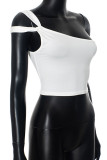 White Sexy Solid Color Hollow Out Patchwork Oblique Collar Tops