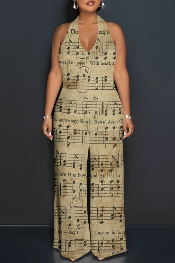 Khaki Casual Print Backless Belted Halter Fitted Jumpsuits