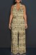 Khaki Casual Print Backless Belted Halter Fitted Jumpsuits