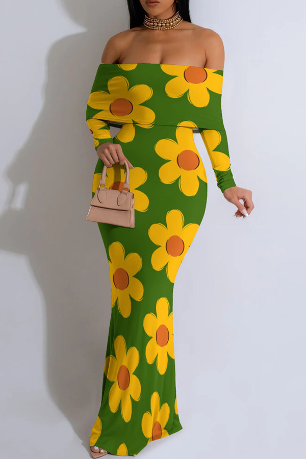 Green Sexy Flowers Patchwork Backless Off Shoulder Long Dresses