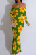 Green Sexy Flowers Patchwork Backless Off Shoulder Long Dresses