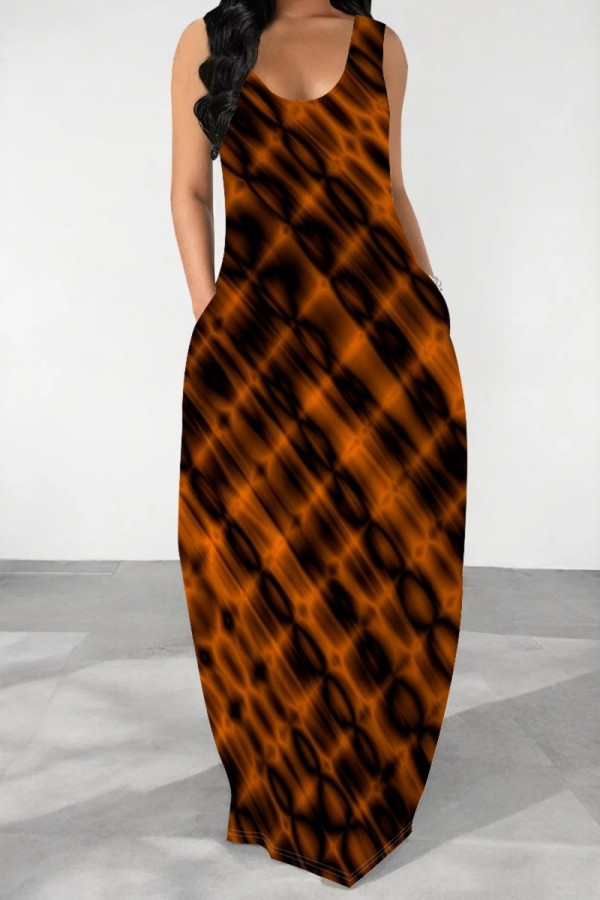 Coffee Casual Print Basic U Neck Long Dresses