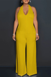 Yellow Casual Solid Color Lace Up Backless Halter Loose Jumpsuits