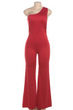 Red Sexy Casual Solid Color Backless Oblique Collar Skinny Jumpsuits