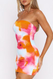 Colour Sexy Print Patchwork Backless Strapless Wrapped Skirt Dresses