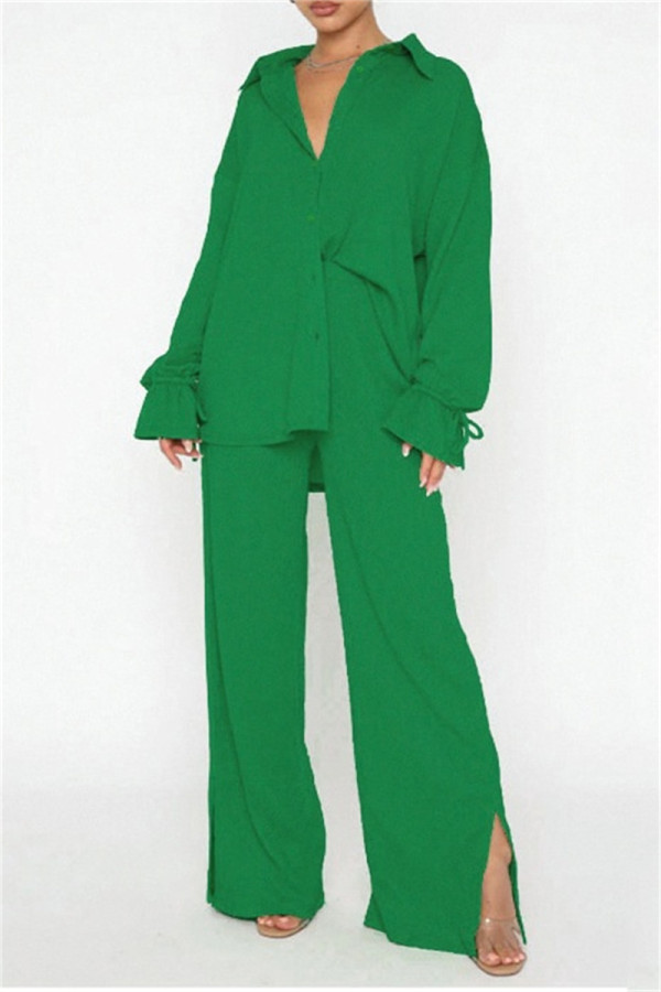 Green Casual Solid Color Basic Shirt Collar Long Sleeve Two Pieces