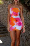 Colour Sexy Print Patchwork Backless Strapless Wrapped Skirt Dresses
