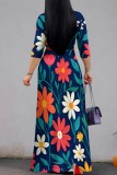 Apricot Casual Floral Print Belted V Neck Long Dresses