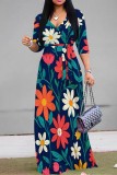 Apricot Casual Floral Print Belted V Neck Long Dresses