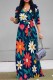 Dark Blue Casual Floral Print Belted V Neck Long Dresses