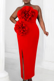 Red Sexy Solid Color Flowers Backless Slit Strapless Long Dresses