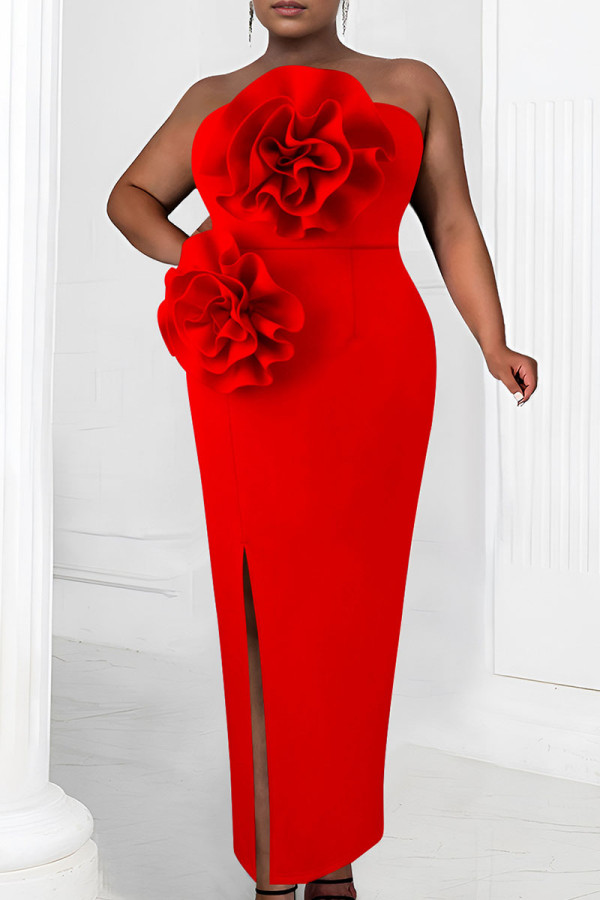 Red Sexy Solid Color Flowers Backless Slit Strapless Long Dresses