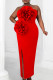Red Sexy Solid Color Flowers Backless Slit Strapless Long Dresses