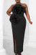 Black Sexy Solid Color Flowers Backless Slit Strapless Long Dresses