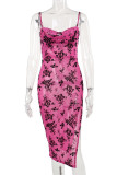 Rose Red Sexy Floral Print Backless Slit Spaghetti Strap One Step Skirt Dresses