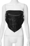 Black Sexy Solid Color Patchwork Backless Strapless Tops