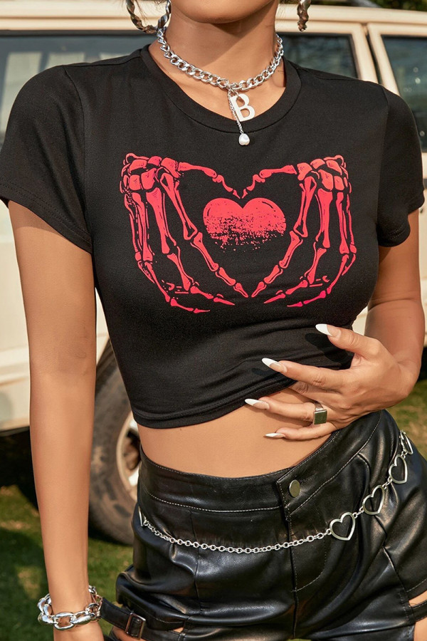 Black Red Casual Print Patchwork O Neck T-Shirts