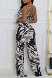 Black Sexy Print Patchwork Backless Spaghetti Strap Regular Jumpsuits