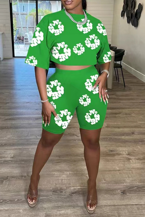 Green Casual Street Flowers O Neck Short Sleeve Two Pieces