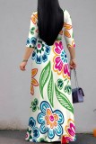 Apricot Casual Floral Print Belted V Neck Long Dresses