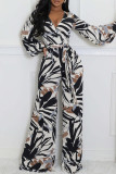 Black Casual Print Patchwork Strap Design V Neck Loose Jumpsuits