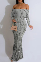 Grey Elegant Striped Print Contrast Off Shoulder Printed Dresses