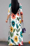 Apricot Casual Floral Print Belted V Neck Long Dresses