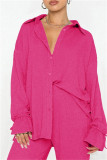 Rose Red Casual Solid Color Basic Shirt Collar Long Sleeve Two Pieces