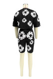Red Casual Street Flowers O Neck Short Sleeve Two Pieces