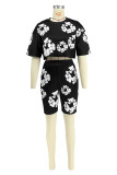 Red Casual Street Flowers O Neck Short Sleeve Two Pieces