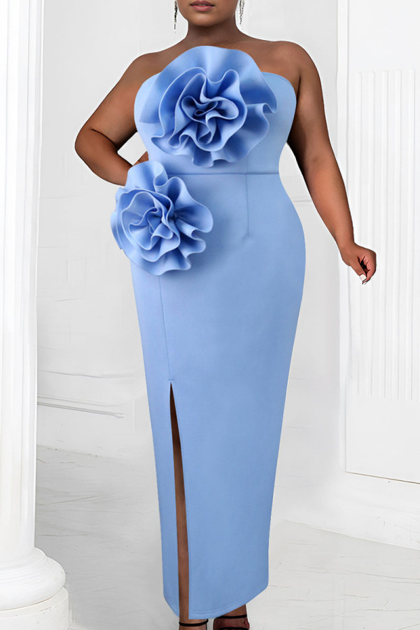 Blue Sexy Solid Color Flowers Backless Slit Strapless Long Dresses
