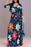 Apricot Casual Floral Print Belted V Neck Long Dresses
