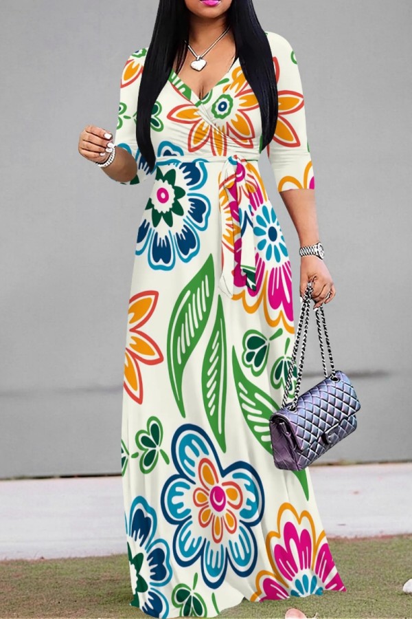 Apricot Casual Floral Print Belted V Neck Long Dresses