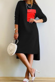 Black Elegant Pocket Patchwork Contrast O Neck Straight Dresses