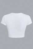 White Casual Print Patchwork O Neck T-Shirts