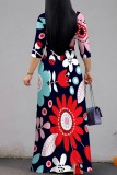 Apricot Casual Floral Print Belted V Neck Long Dresses