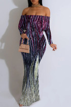 Purple Elegant Striped Print Contrast Off Shoulder Printed Dresses