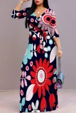 Apricot Casual Floral Print Belted V Neck Long Dresses