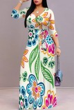 Apricot Casual Floral Print Belted V Neck Long Dresses