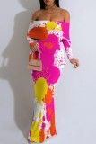 Rose Red Casual Print Patchwork Off Shoulder Long Dresses