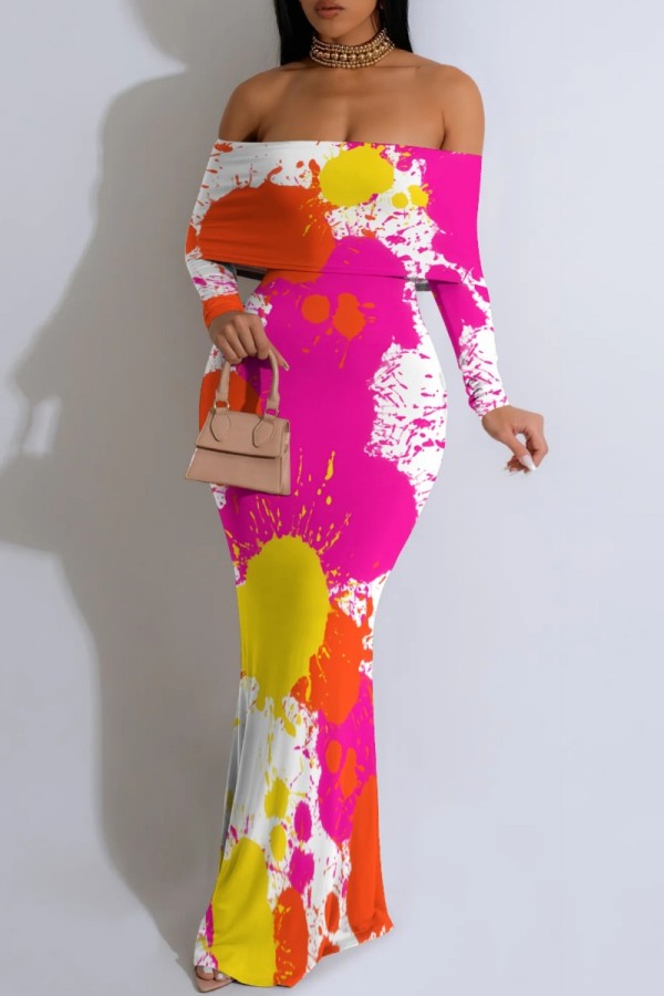 Rose Red Casual Print Patchwork Off Shoulder Long Dresses
