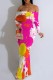 Rose Red Casual Print Patchwork Off Shoulder Long Dresses