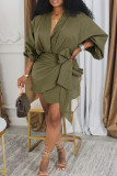 Black Casual Solid Color Patchwork Ruched Strap Design V Neck Wrapped Skirt Dresses