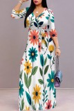 Apricot Casual Floral Print Belted V Neck Long Dresses
