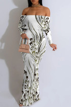 White Elegant Striped Print Contrast Off Shoulder Printed Dresses
