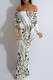 White Elegant Striped Print Contrast Off Shoulder Printed Dresses