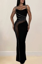 Black Sexy Patchwork Hot Drilling See-Through Backless Spaghetti Strap Long Dresses