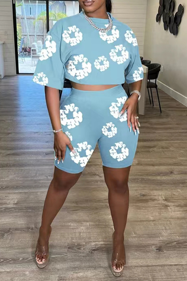 Sky Blue Casual Street Flowers O Neck Short Sleeve Two Pieces