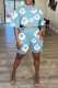Sky Blue Casual Street Flowers O Neck Short Sleeve Two Pieces